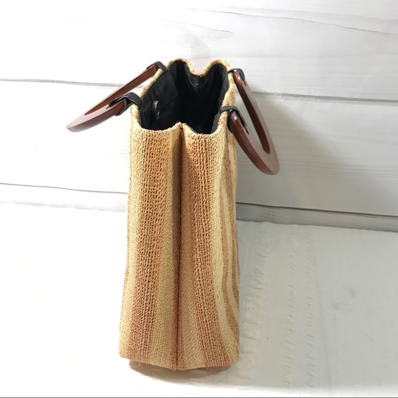 Beige Cream Striped Woven Paper Puka Shell Wood Handle Spring Summer Bea… - Picture 8 of 10